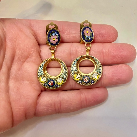 Italian glass antique earrings clip. Over 100 years old, gold tone - Picture 2 of 2